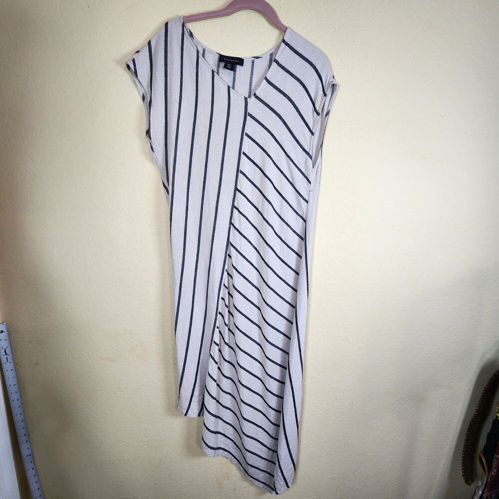 Tahari Linen Blend Asymmetrical Pieced Striped Dress Women’s M Beige Lagenlook